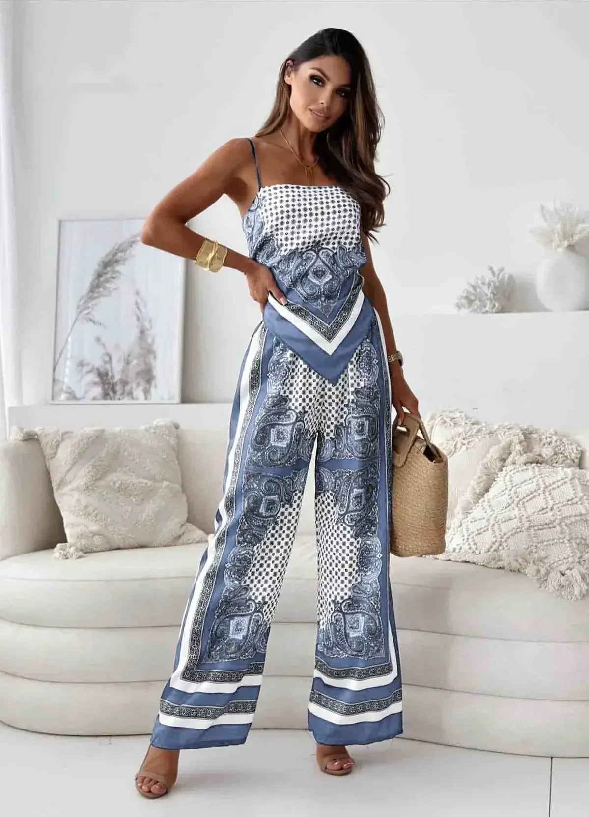 Stylish Printed Lace-Up Vest & Pants Two-Piece Set Summer Satin Print Women Casual Sling Lace Up Top Wide Leg Pants 2 Piece Set