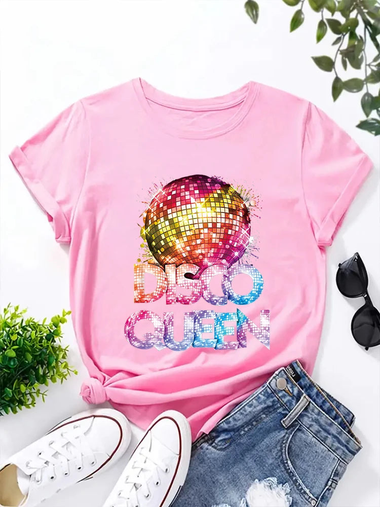 2024 New Women Disco Queen 70's Disco Themed Vintage T-shirt Casual Comfort Round Neck Women's Top Summer