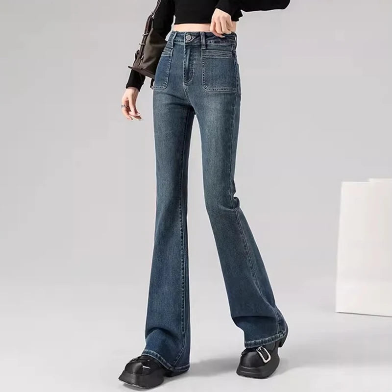 Spring Woman High Waist Vintage Flare Jeans Girls Korean Y2k 2000s Bell Bottom Pants Female Streetwear Gray Blue Denim Trousers