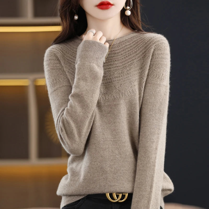100% Merino Wool Knitted Sweater Autumn/Winter 2024 New Women's Round Neck Hollow Top 11 Color Pullover Versatile Coat NJR1107