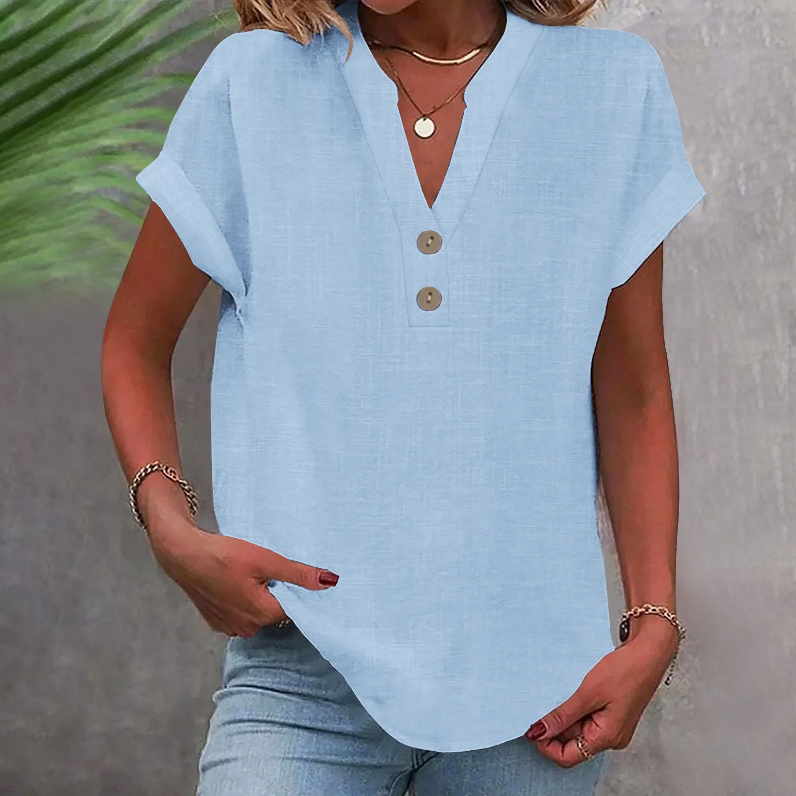 2025 Summer Cotton Linen Breathable Solid Color Button Down V-neck Shirt Basic And Versatile Casual Comfortable Lady Office Tops