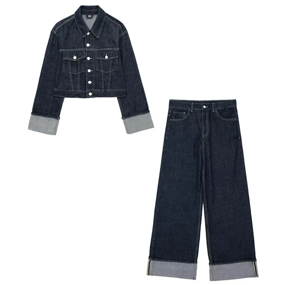 TRAFZA Women Fashion Denim Set Casual Lapel Long Sleeve Crop Jacket Buttons Female Vintage Wide Leg Loose Jeans Long Pants