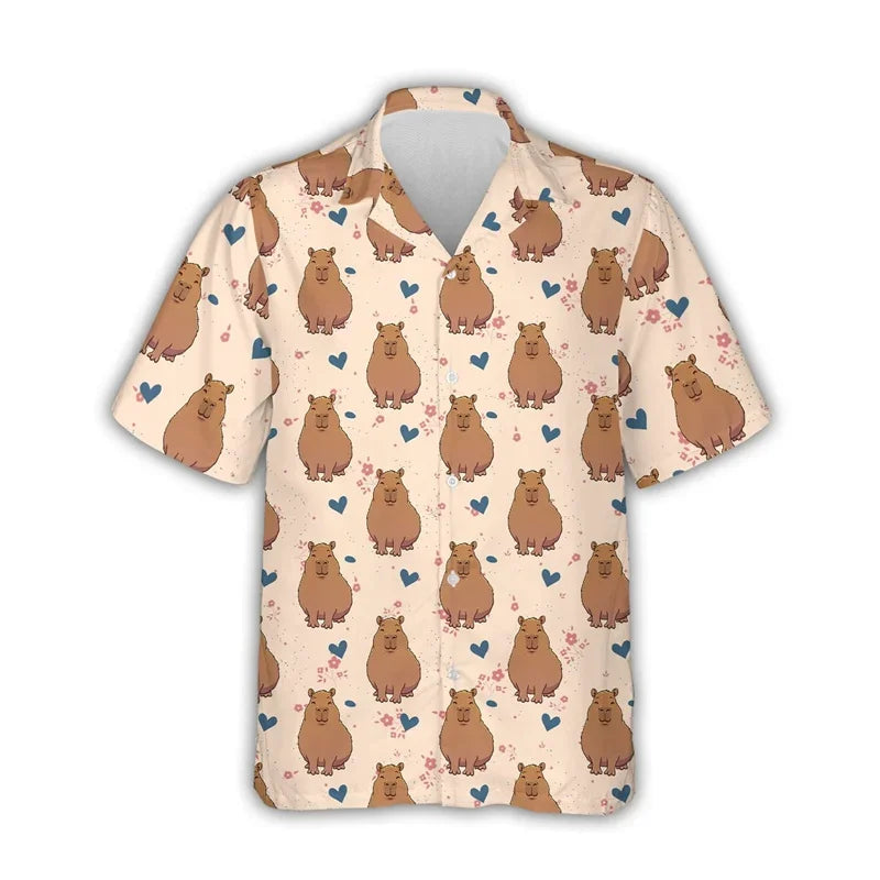 Kawaii Capybara Pattern Shirt Men's 3D Printed Hawaii Aloha Beach Men's Shirt Short Sleeve Cool Top Lapel Shirt