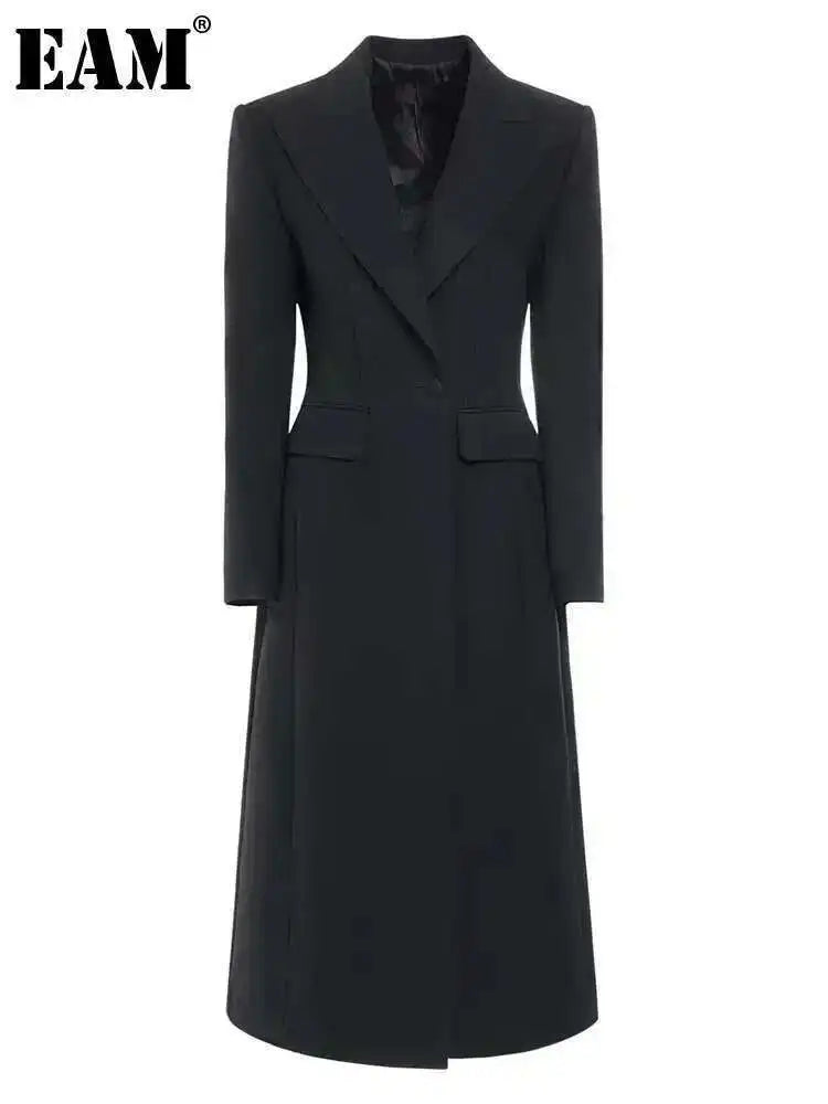 EAM Women Black Slim Ankle Length Blazer New Lapel Long Sleeve Single Button Jacket Fashion Tide Spring Autumn 2025 31A0382