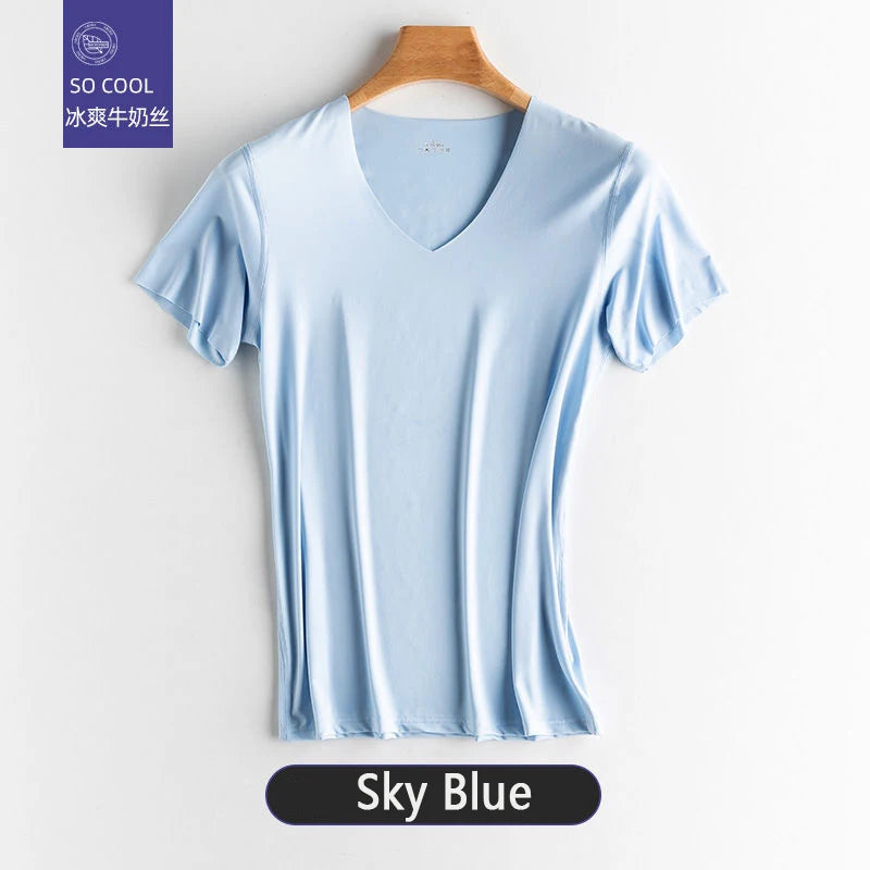 Fashion Summer Seamless Breathable Ice Silk T-Shirt Vest Men's Sports Short Sleeve T-shirt Ice Silk Solid Color V-neck M-5XL
