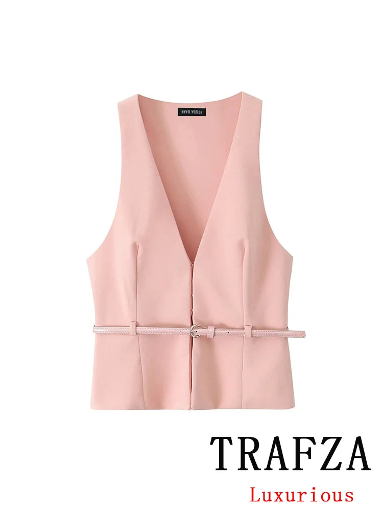 TRAFZA Vintage Chic Solid Women Suit V Neck Sleeveless Sashes Vest Blazer Straight Shorts New Fashion 2025 Summer Office Sets