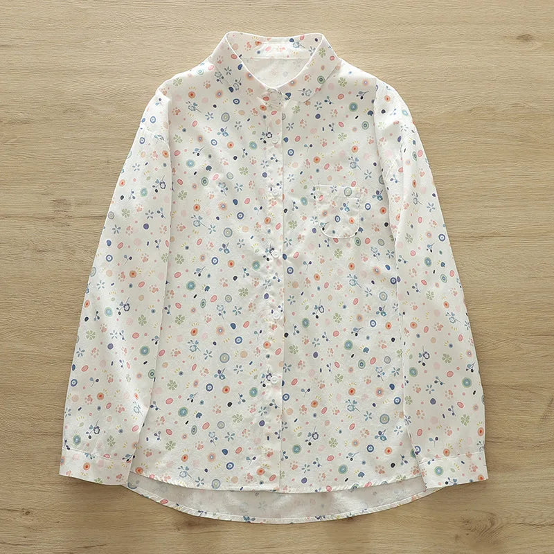 Fashion Women Printed Shirts Cotton Casual Blouses and Tops 2024 New Loose Style Exquisite Lady Long Sleeve Shirt Female Clothes