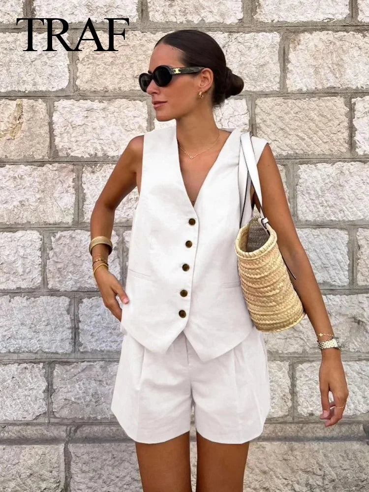 TRAFZA Women Vinatge Fashion Shorts Set Solid White Sleeveless Vest+Pockets Pants Female Two Pieces Set Street Roupa De Mujer