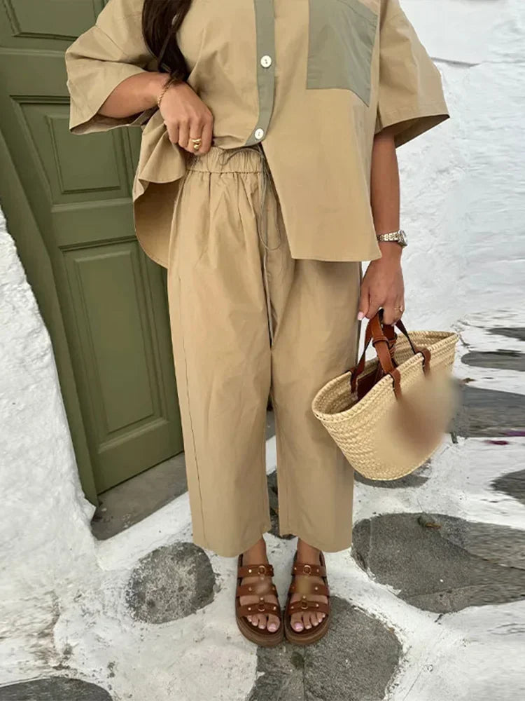 Women Casual Straight Wide Legs Pants Set Loose Lapel Half Sleeve Single-breasted Contrast Pocket Shirt Suits Lady Office Outfit