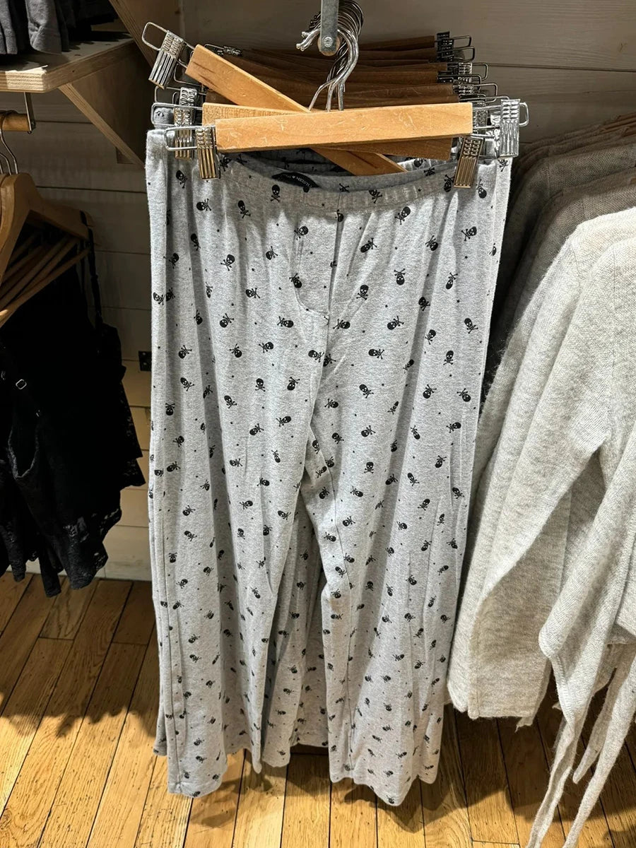 Skull Print Gray Vest Pants 2 Pieces Set Pajama Woman Sleeveless Slim Tank Top High Waist Straight Long Pant Cotton Vintage Sets