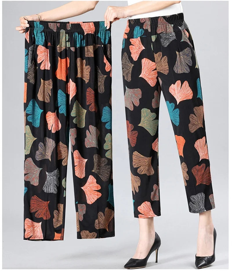 Summer Women's Printed Pants 2023 New Elastic High Waist Thin Ice Silk Pants Loose Large Size Women's Casual Ninth Pants 7XL 8XL