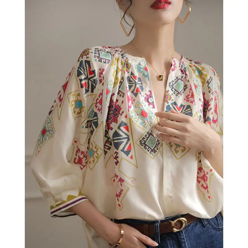 Vintage Blouses Women Clothing Indie Folk 2025 Blusas Mujer De Moda V-neck Print Loose Shirts Chic Summer Korean Blouse Tops