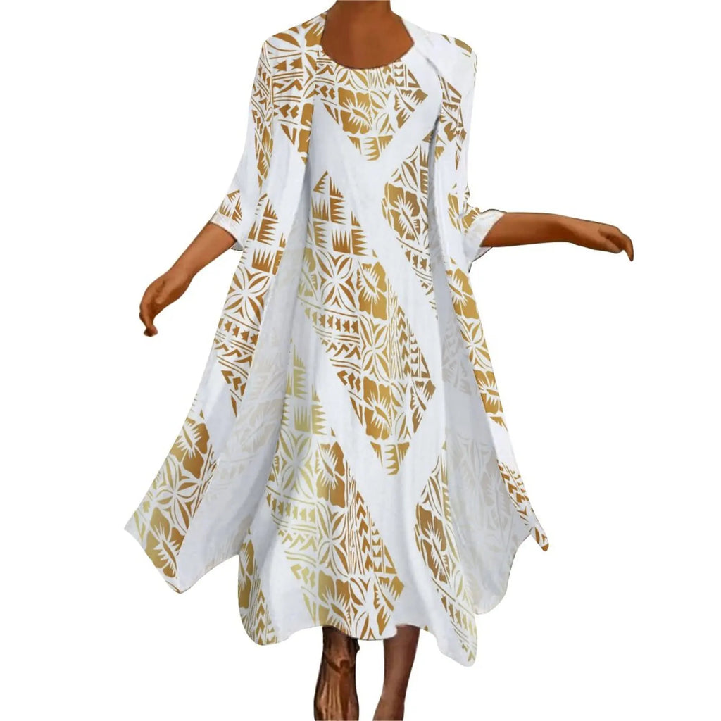 New high stretch two piece dress set women clothing custom Big people polynesian dress & Kimono cloak set women's cardigan suit
