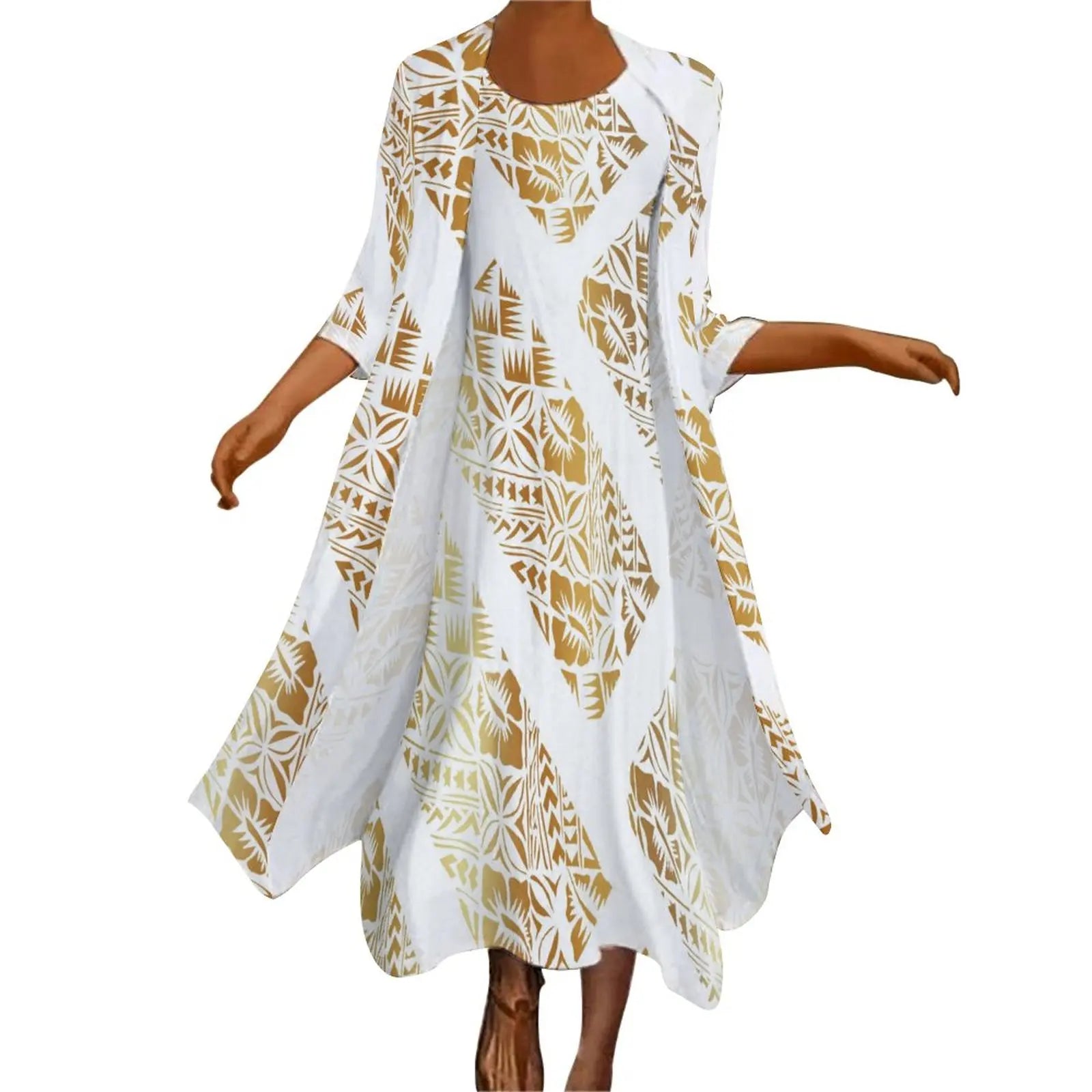 New high stretch two piece dress set women clothing custom Big people polynesian dress & Kimono cloak set women's cardigan suit