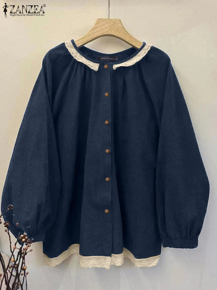 ZANZEA Spring Long Sleeve Solid Cotton Blouse Elegant Women Shirt Vintage Lace Patchwork Tops Mujer Casual Buttons Down Blusas