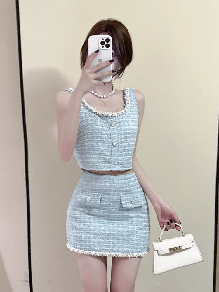 Summer French Luxury Beading Small Fragrance Two Piece Set Women Sweet Crop Top + Skirt Suits Korean Hotsweet Sexy 2 Piece Sets