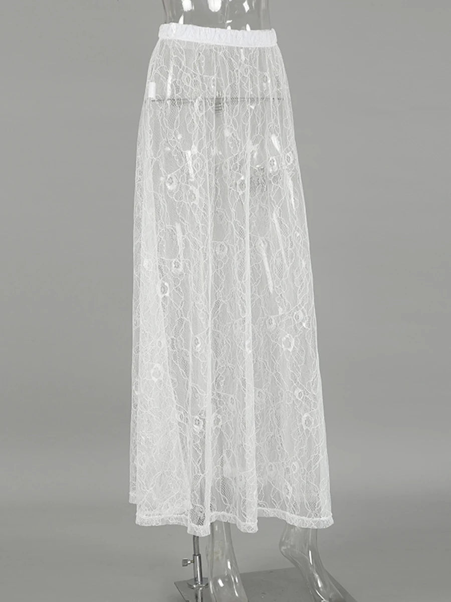 Lace Jacquard Transperant Skirt Women Summer New High Waist Sexy Casual Long Skirts 2025 Streetwear Fashion White Maxi Skirt