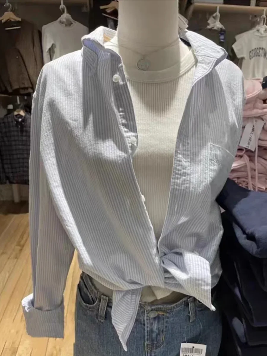 Blue Striped Blouse Shorts Set Woman Lapel Pocket Loose Shirt Drawstring Buttons Straight Short Pants Casual 2 Pieces Set Outfit