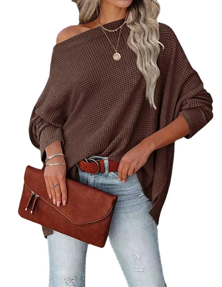 Women's Knitted Top Waffle Shoulder 2024 New Autumn Amazon Europe and America Cross border Women's Regular Top