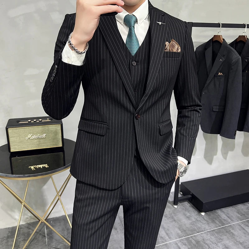 ( Blazer+Vest+Pants ) Groom Wedding Male Suit Luxury Brand Fashion Striped Men's Casual Business Office Double Breasted Suit