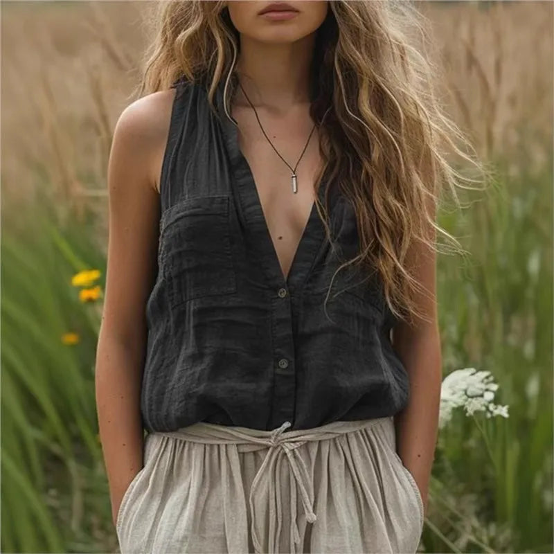 Elegant Sleeveless Women's Shirt Casual Loose Cotton And Linen Solid Color V-neck Vest Tops Fashion Pocket Button Up Blouse