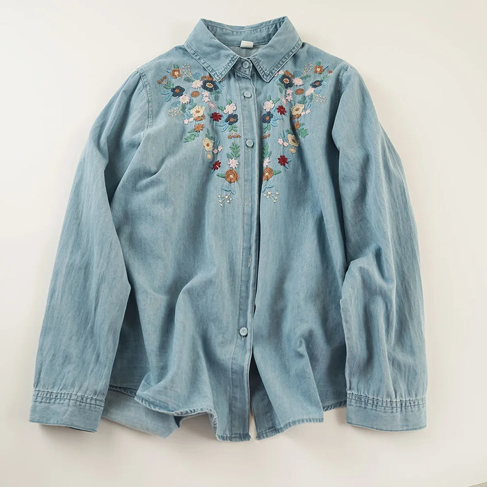 Harajuku fashion cotton denim spring blouses 2025 long sleeve women's embroidered shirts pretty blouses woman jean shirts