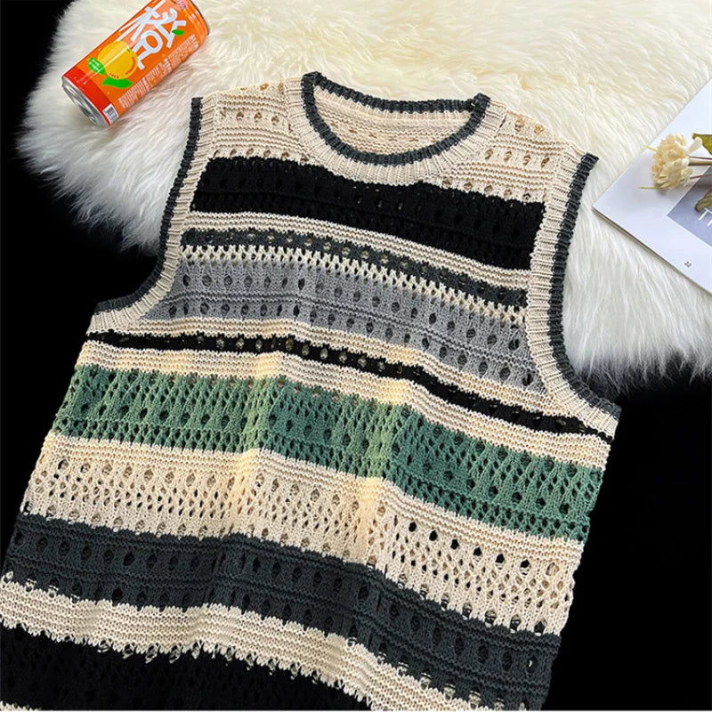 Contrast Striped Hollowed Out Knit Tank Top Men's Oversize Summer Japanese Outerwear Layered Bf Couple Knitwear Sleeveless Top