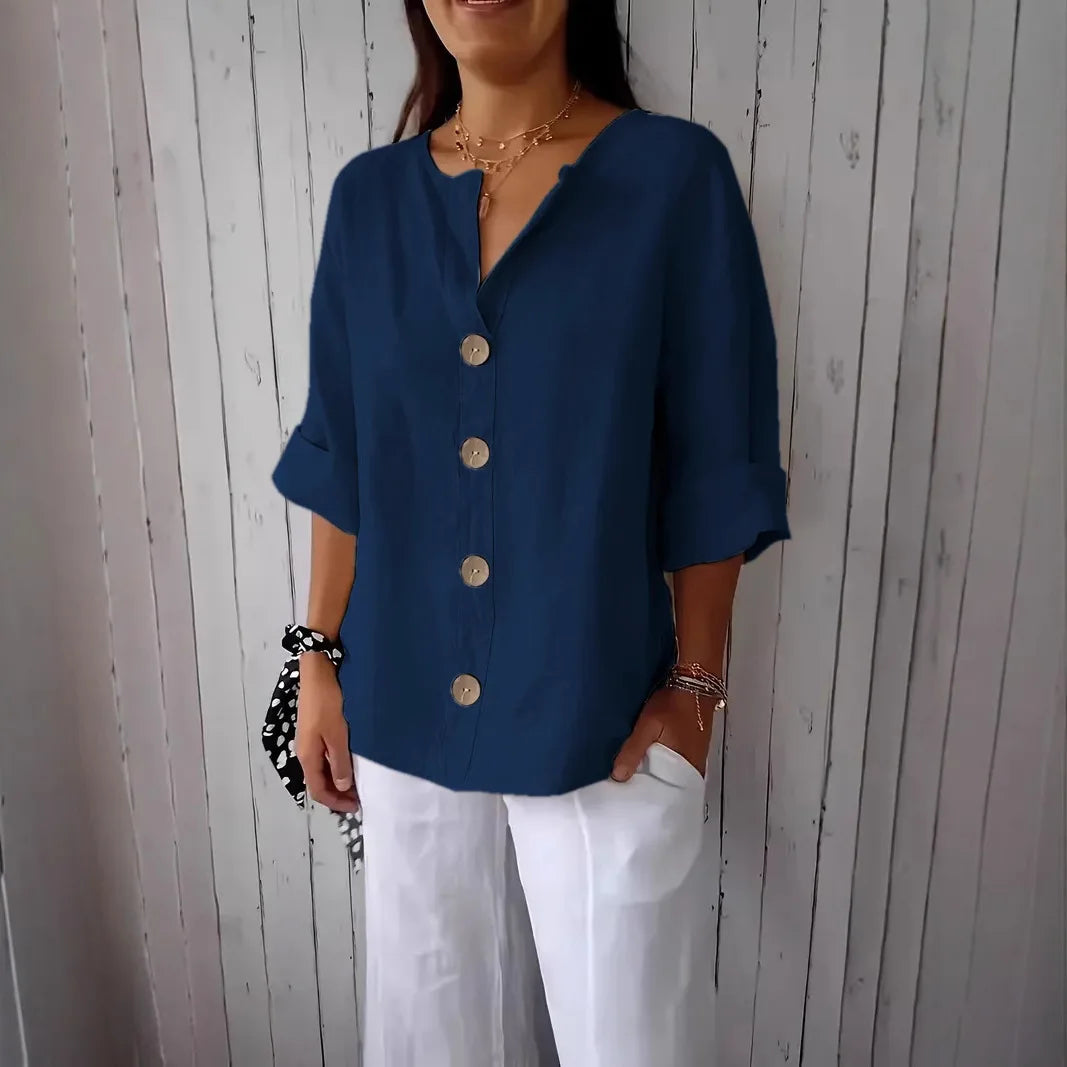New Summer Loose Shirt Women's V-neck Cotton Linen Button Top Casual Shirts Solid Fashion Elegant Office Womens Clothing 2025