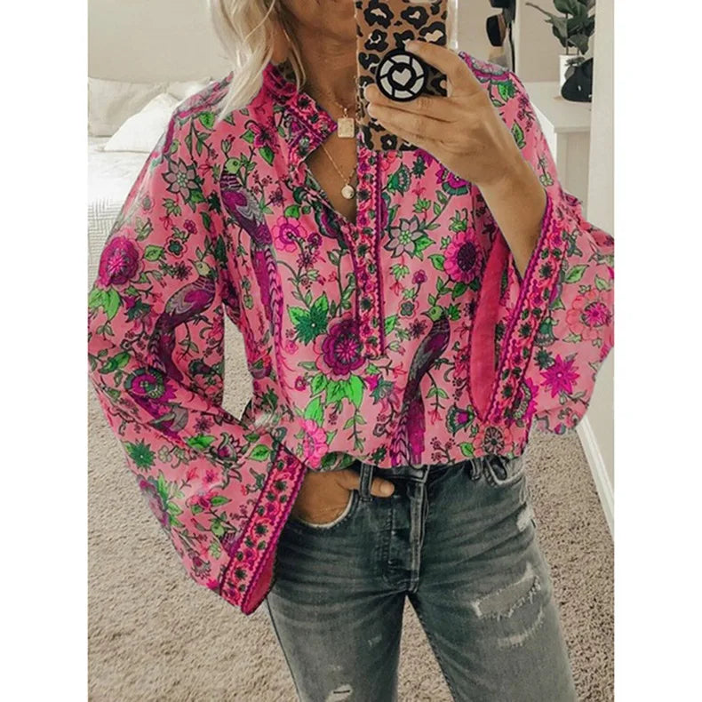 Bohemia Flower Printed Women's Blouse Flare Sleeve O-neck Casual Blouse Female New Autumn Fashion Ethnic Retro Ladies Shirt Tops