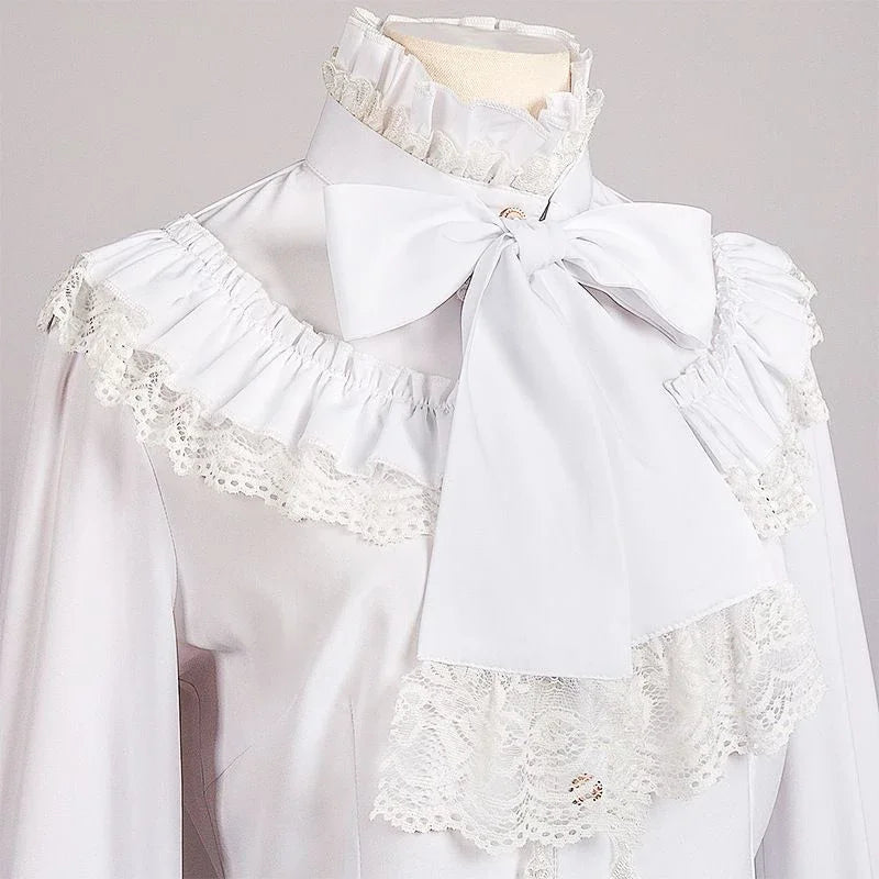 Vintage Ruffles White Shirts Women Japanese Preppy Lolita Bow Bandage Blouses Gothic Lace Patchwork Black Long Sleeve Slim Tops