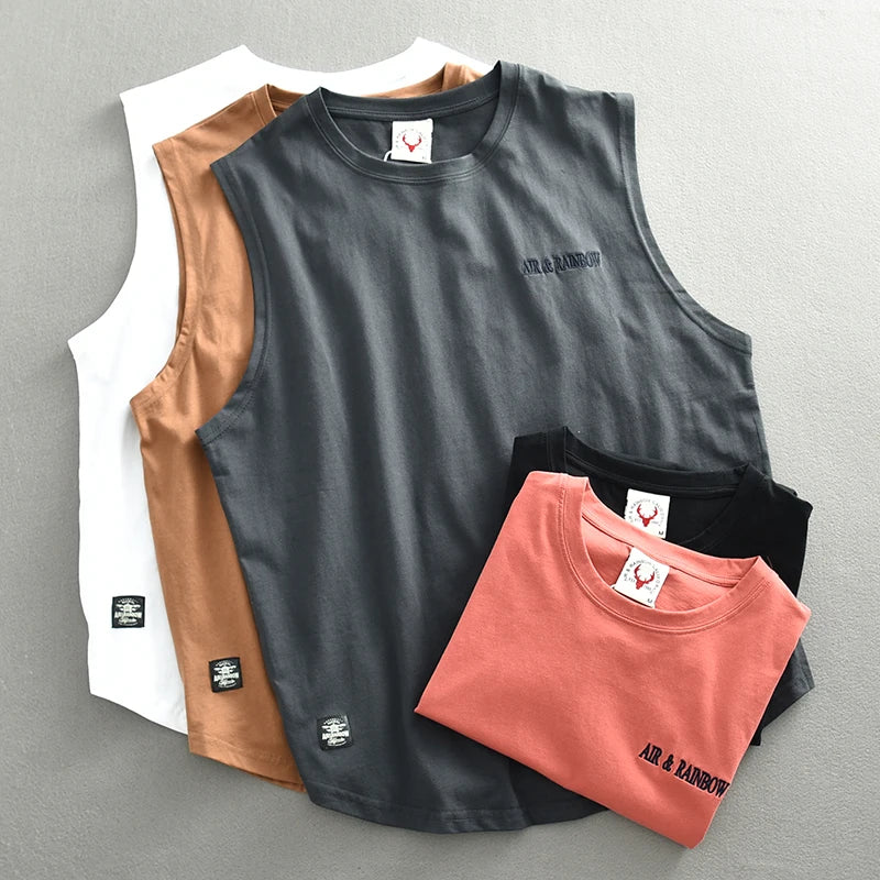 Summer New American Retro Sleeveless O-neck Letter Embroidery T-shirt Men's Fashion 100% Cotton Washed Casual Sports Vest Tops