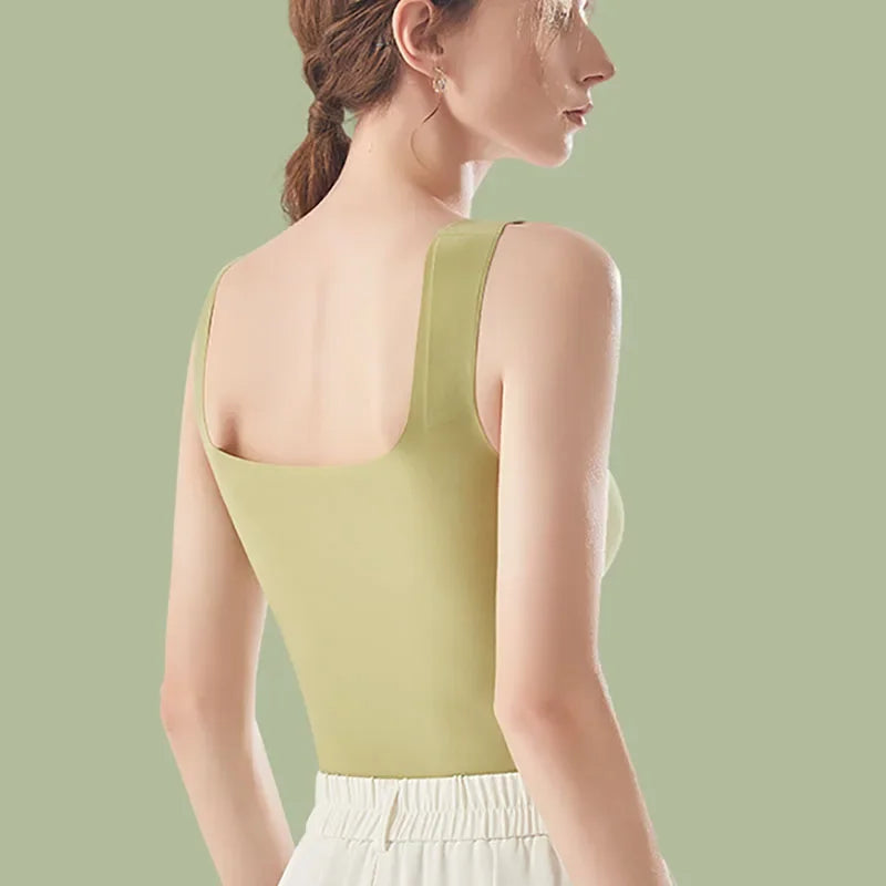HELIAR Women Summer Seamless Solid Tank Top With Bra Pad Square Collar Ice Silk Comfort Crop Top Sleeveless Street Sports Camis