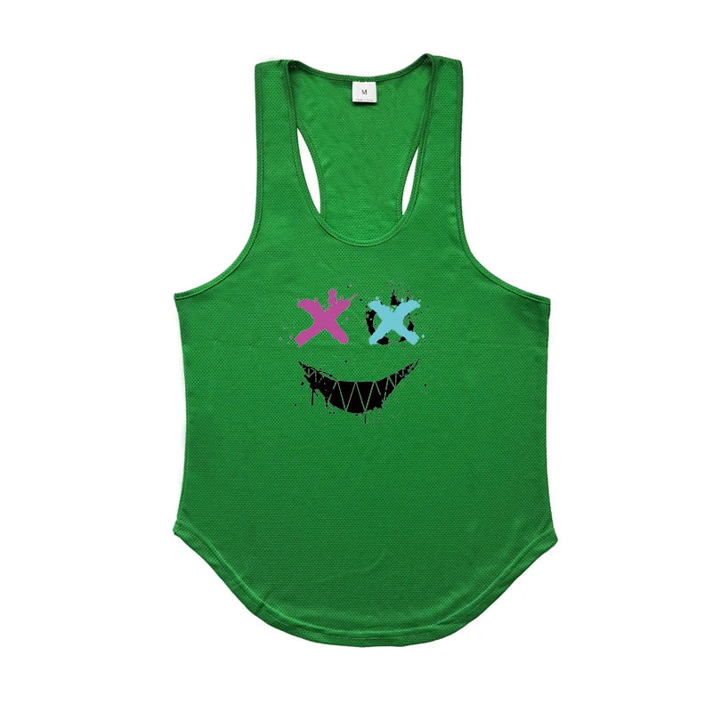 Trendy Personality Funny XX Smile Face Gym Fitness Vest Men Bodybuilding Sleeveless Tank Tops Mesh Quick Dry Racer Back T-Shirt