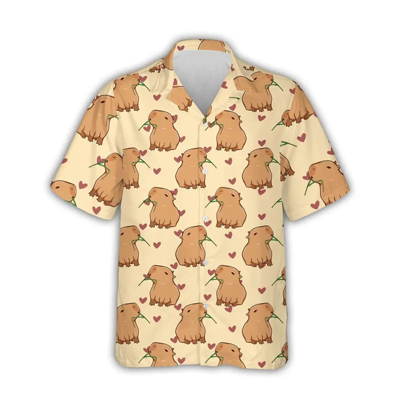 Kawaii Capybara Pattern Shirt Men's 3D Printed Hawaii Aloha Beach Men's Shirt Short Sleeve Cool Top Lapel Shirt