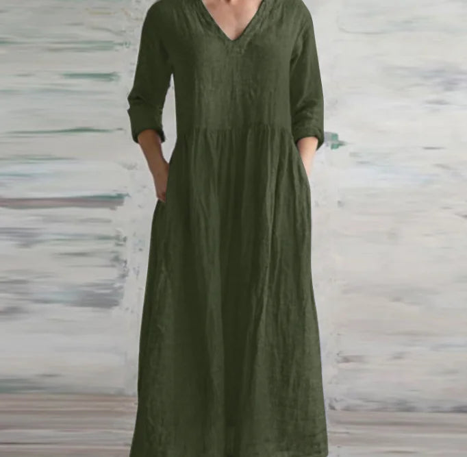 Cotton Linen Loose Long Dresses For Women 2024 Spring Autumn New Casual Half Sleeves V-neck Maxi Dress Simple Style Lady Vestido