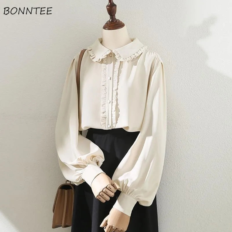 Apricot Shirts Tops Women Temperament Peter Pan Collar Ruffles Aesthetic All Season Loose Long Lantern Sleeve Chic Elegant Mujer