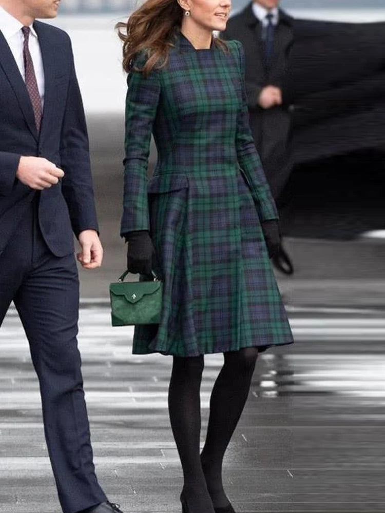Women's Plaid Midi Dress, Princess Designer, High Quality Spring, Autumn, Party, Casual, Office, Vintage Workplace, Elegant, New