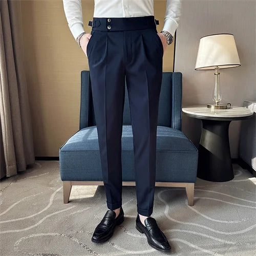 Pure Color Male Business Wedding Dress Pants Fashion Unique Design Men Waist Adjustable Suit Pant No Belt Slim Trousers Homme