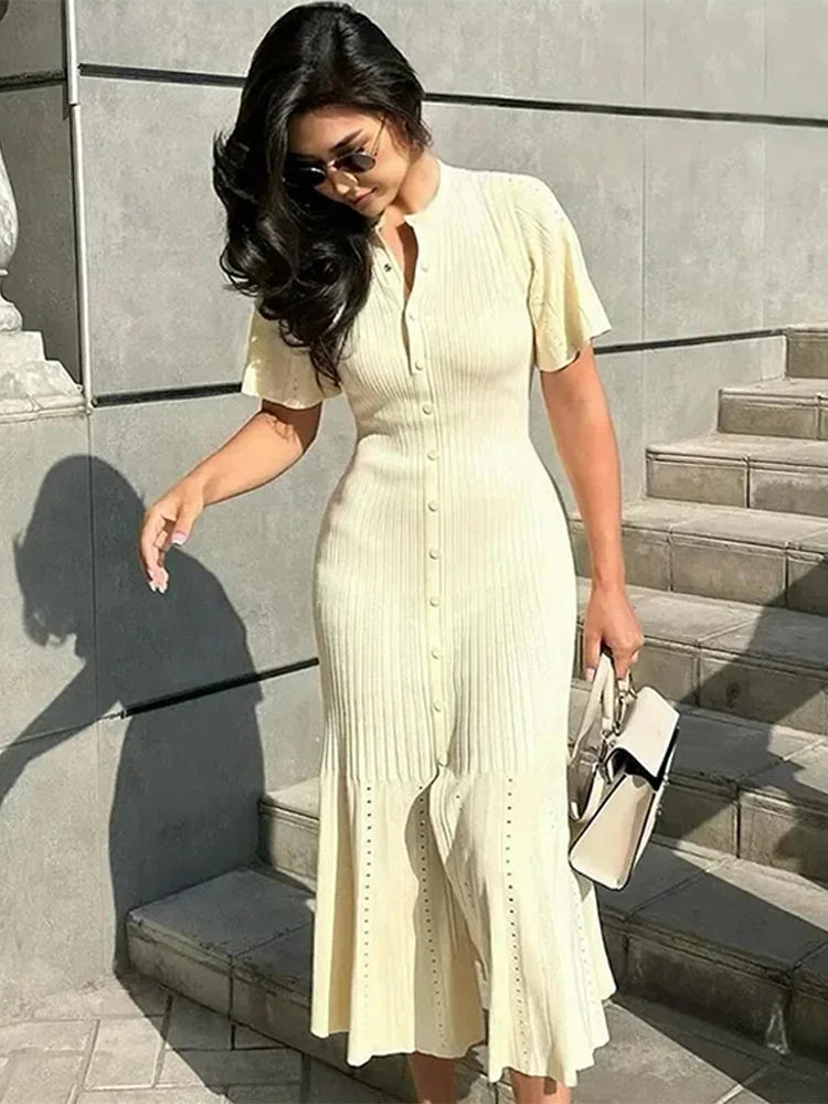 Knit Solid Women's Dress Short Sleeve O Neck Lady Dresses 2025 Elegant Summer Single Breasted Hip Package High Waist Female Rube