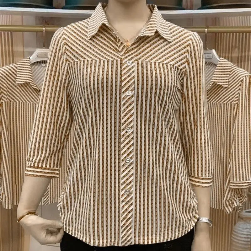 Fashion Loose All-match Striped Printed Shirt Summer Women's Clothing New 3/4 Sleeve Casual Turn-down Collar Buttons Blouses
