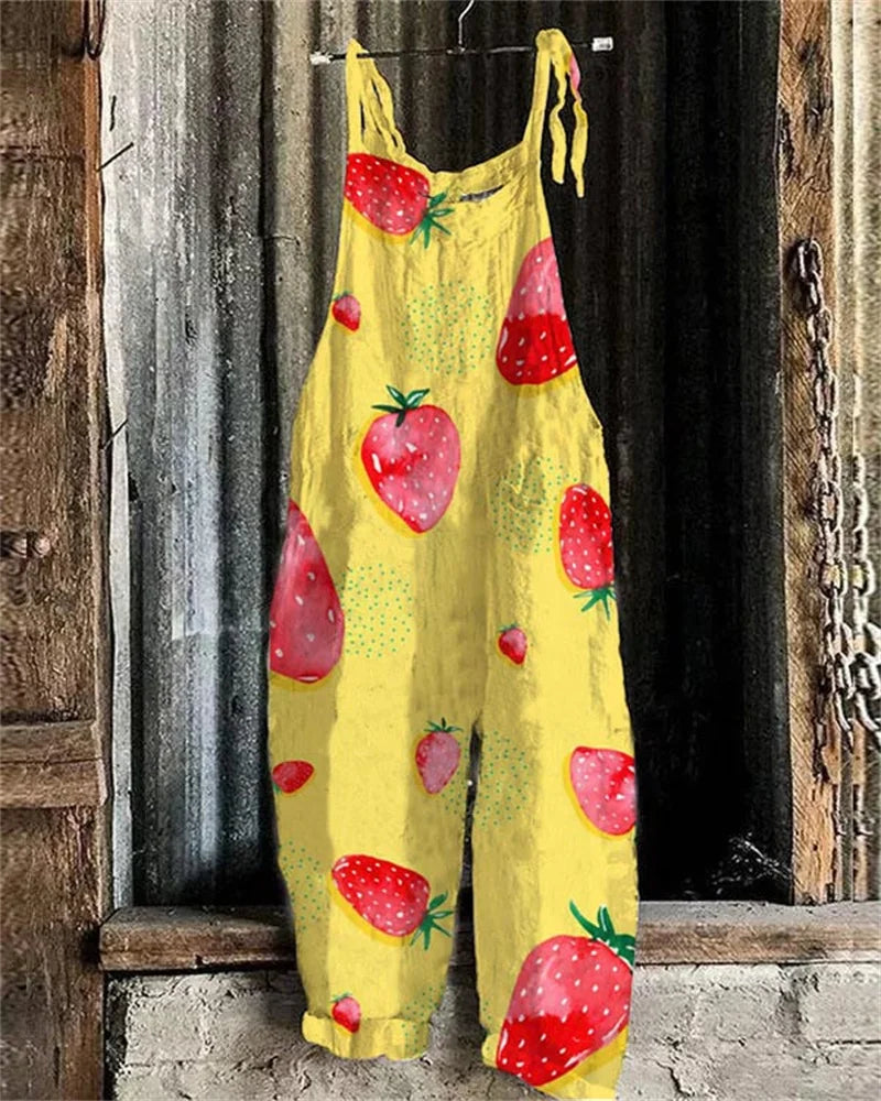Women's Summer Bohemian Casual Jumpsuit Wide Leg Overalls Fruit 3D Print Loose Jumpsuit Pants
