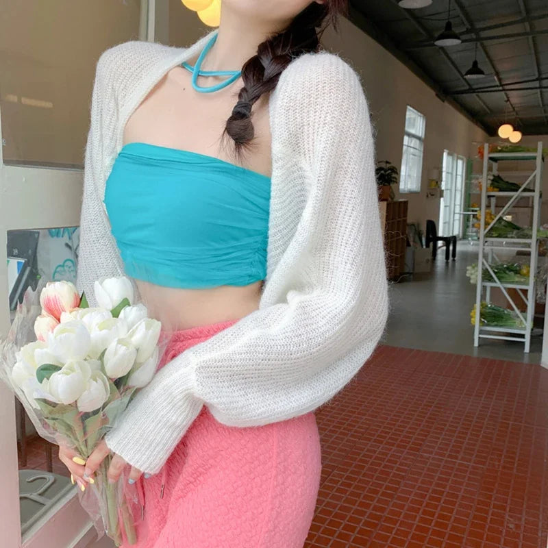 Combhasaki Women's Summer Open Front Bolero Shrug Long Sleeve Solid Color Sun Protection Transparent Knitted Cropped Cardigans