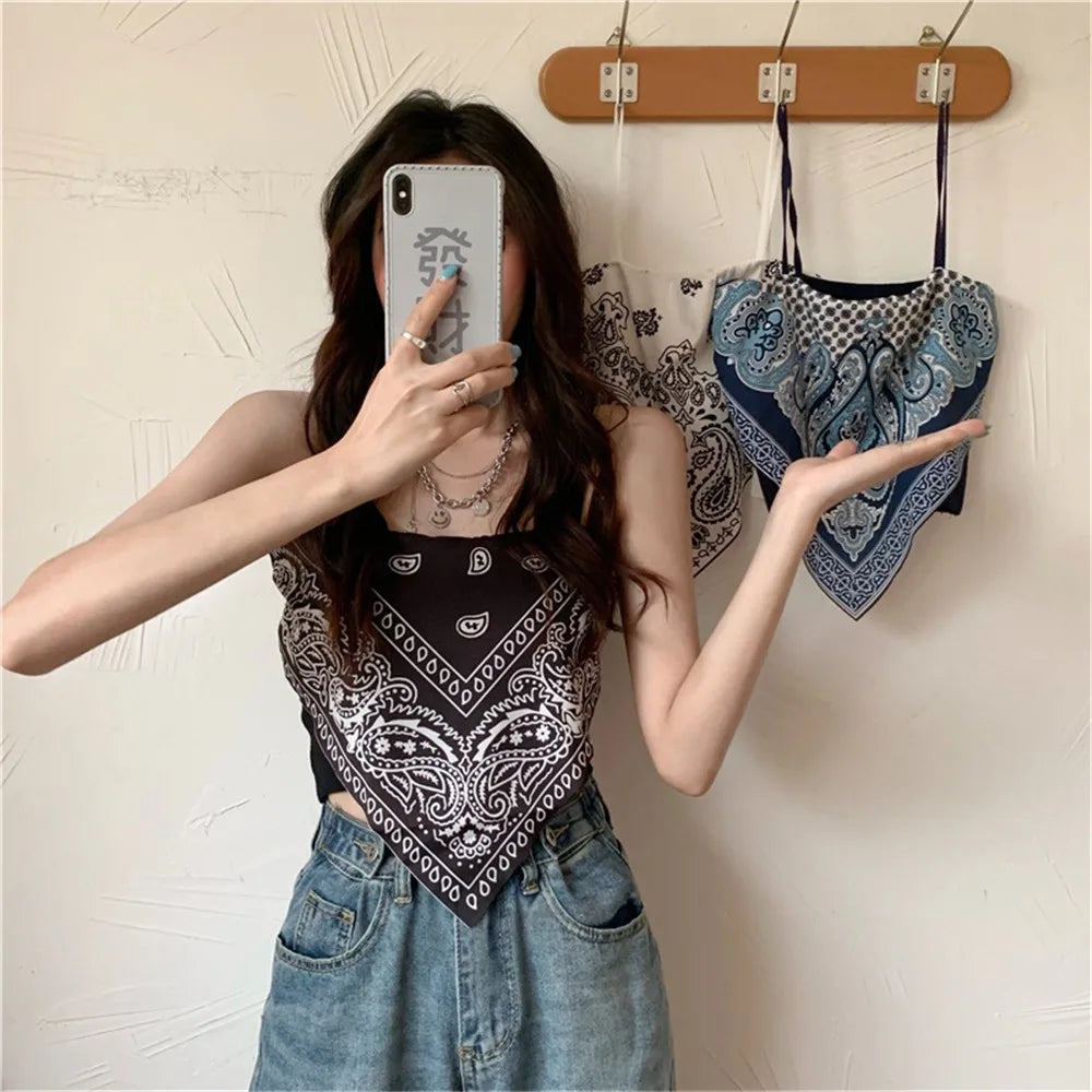 Women's Printed Sleeveless Tank Top Shirt Basic Solid Tank Top Fashion Satin Lace Up Italian Noodle Bandana Tube Crop Top