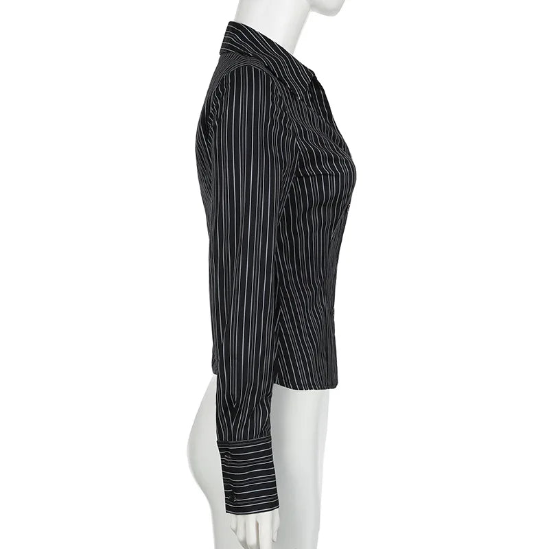 Sexy Elegant Collar Breasted Cardigan Long Sleeved Shirt Slim Fit Versatile Striped Top 2025 Autumn Winter New Fashion Casual