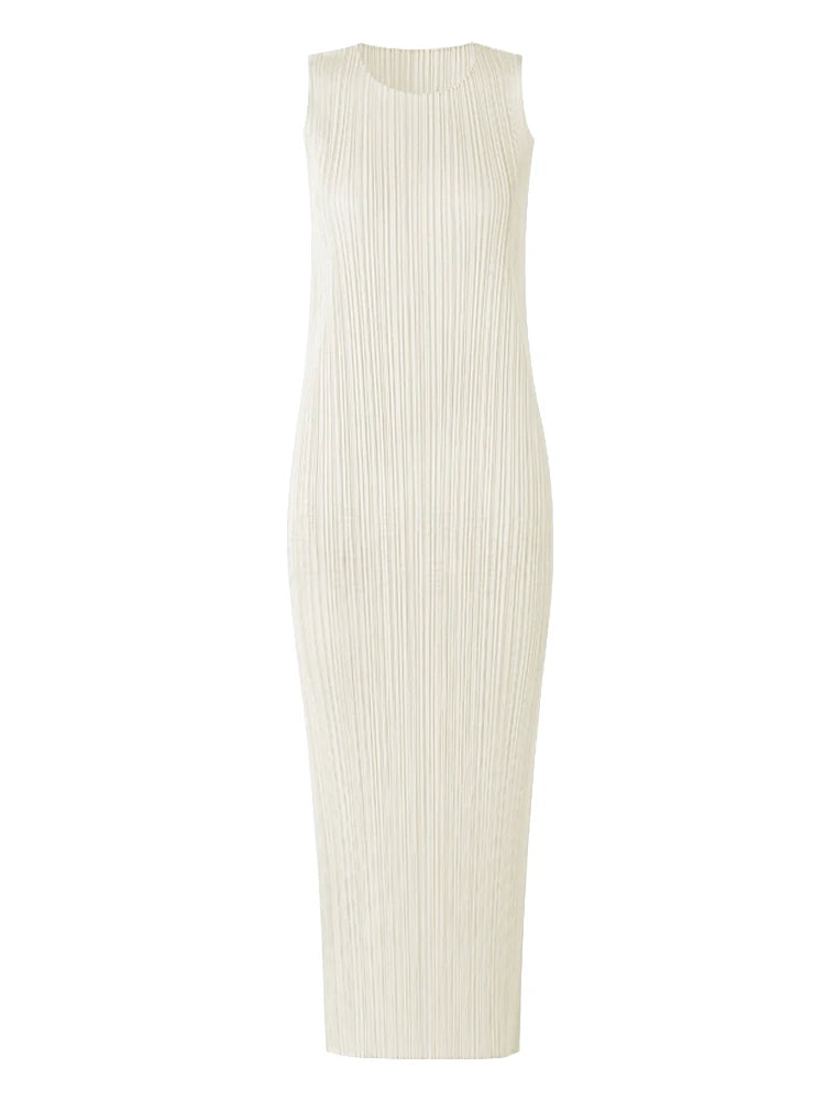 Miyake Pleated Women Dress Summer Sleeveless Long Classic Korean Fashion Casual Elegant Female Lce Water Blue Beach Dress TP5045