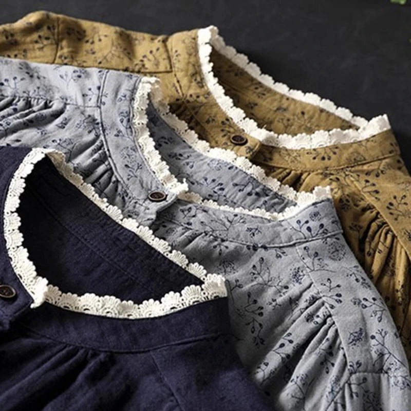 Women Long Sleeve Cotton Shirt New Arrival 2024 Autumn Vintage Style Lace Stand Collar Loose Female Casual Tops Shirts M283