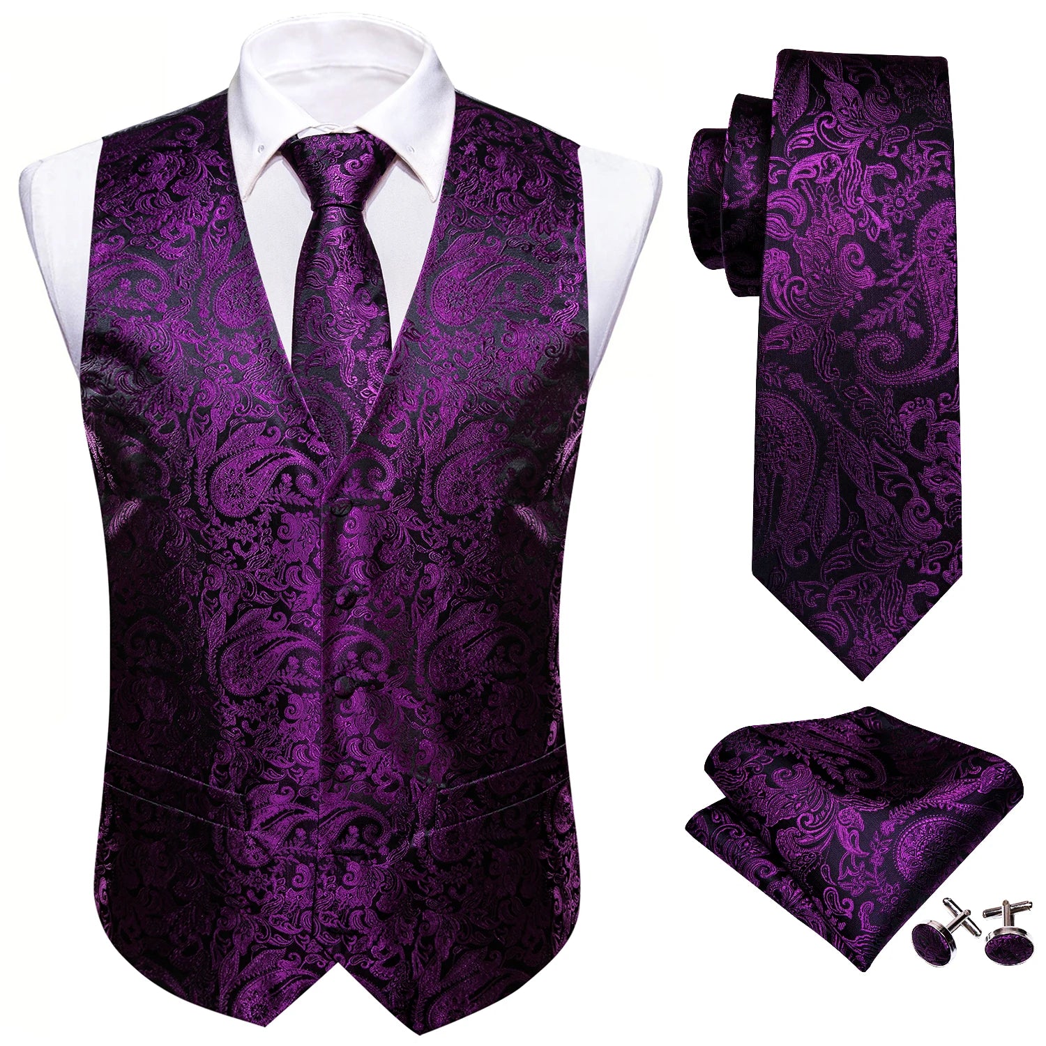 Designer Vest for Men Purple Embroidered Silk Waistcoat Tie Pocket Square Set Wedding Formal Male Suit Party Barry Wang