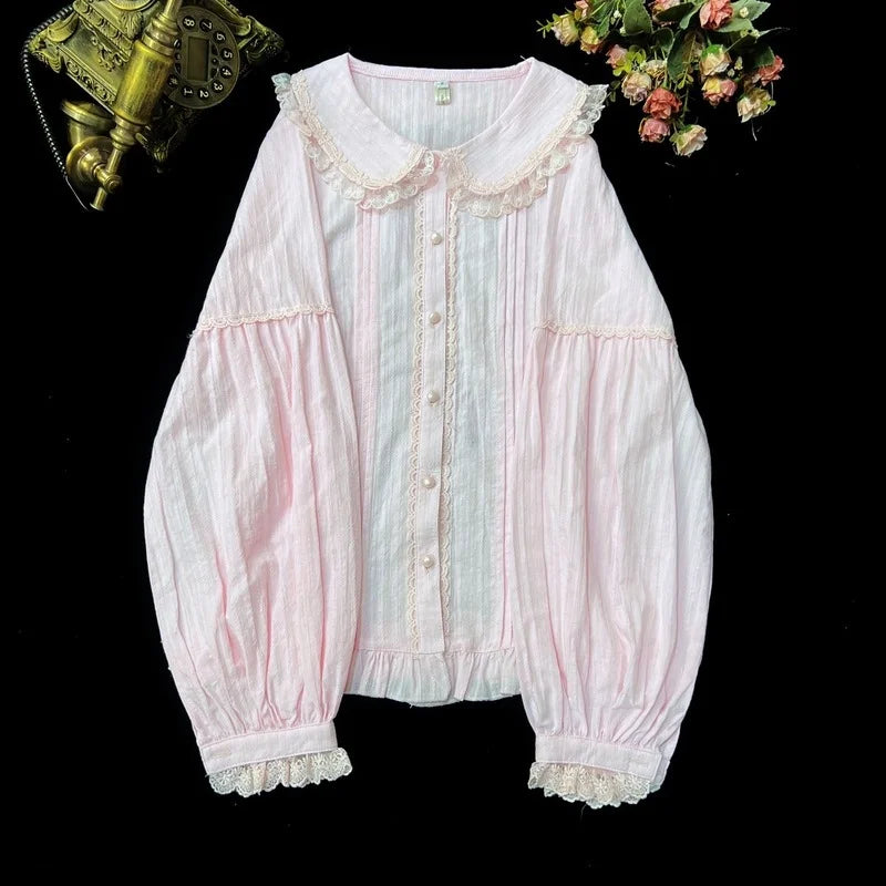 Sweet Lolita Blouses Women Cute Lace Bow Shirts Kawai Peter Pan Collar Long Sleeve Blouse Girl Cotton Comfortable Lolita Clothes