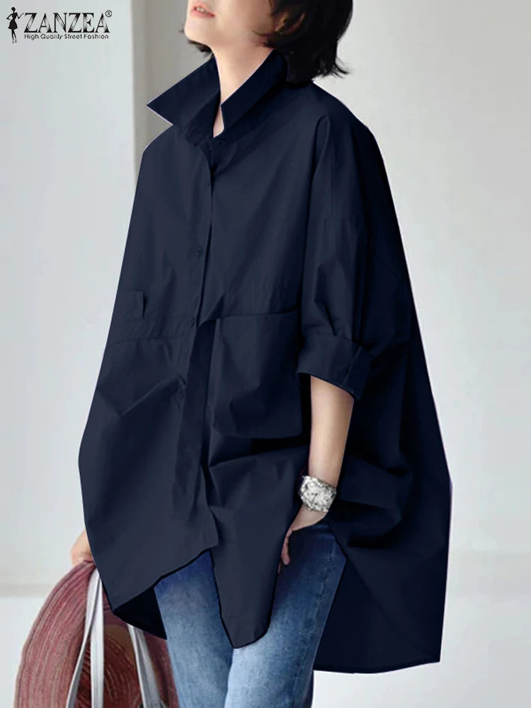 2025 ZANZEA Women Oversized Shirt Autumn Fashion Loose Long Sleeve Collared Blouse Elegant Casual Solid Chemise Tops Streetwear