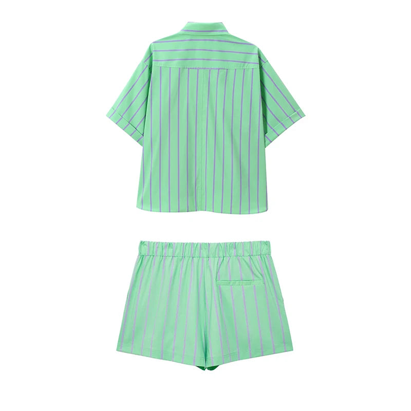 Koekop Women's Fashion Lapel Striped Button Closed Top & Vintage Elastic Waist Striped Women's Chic Shorts